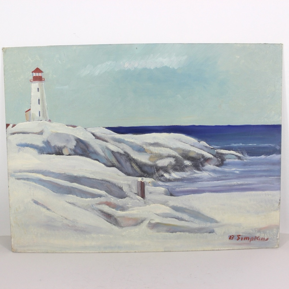 Vintage Seascape Oil Painting Lighthouse, unframed, Signed by Artist, Water